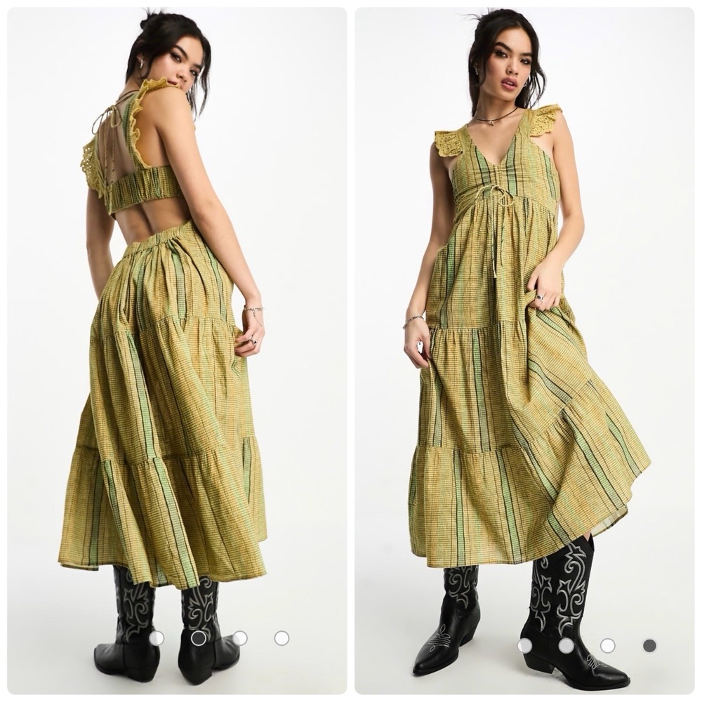 Reclaimed Vintage Prairie Midi Dress Sz 6 Blurred Green Stripe Eyelet Cut Out‎